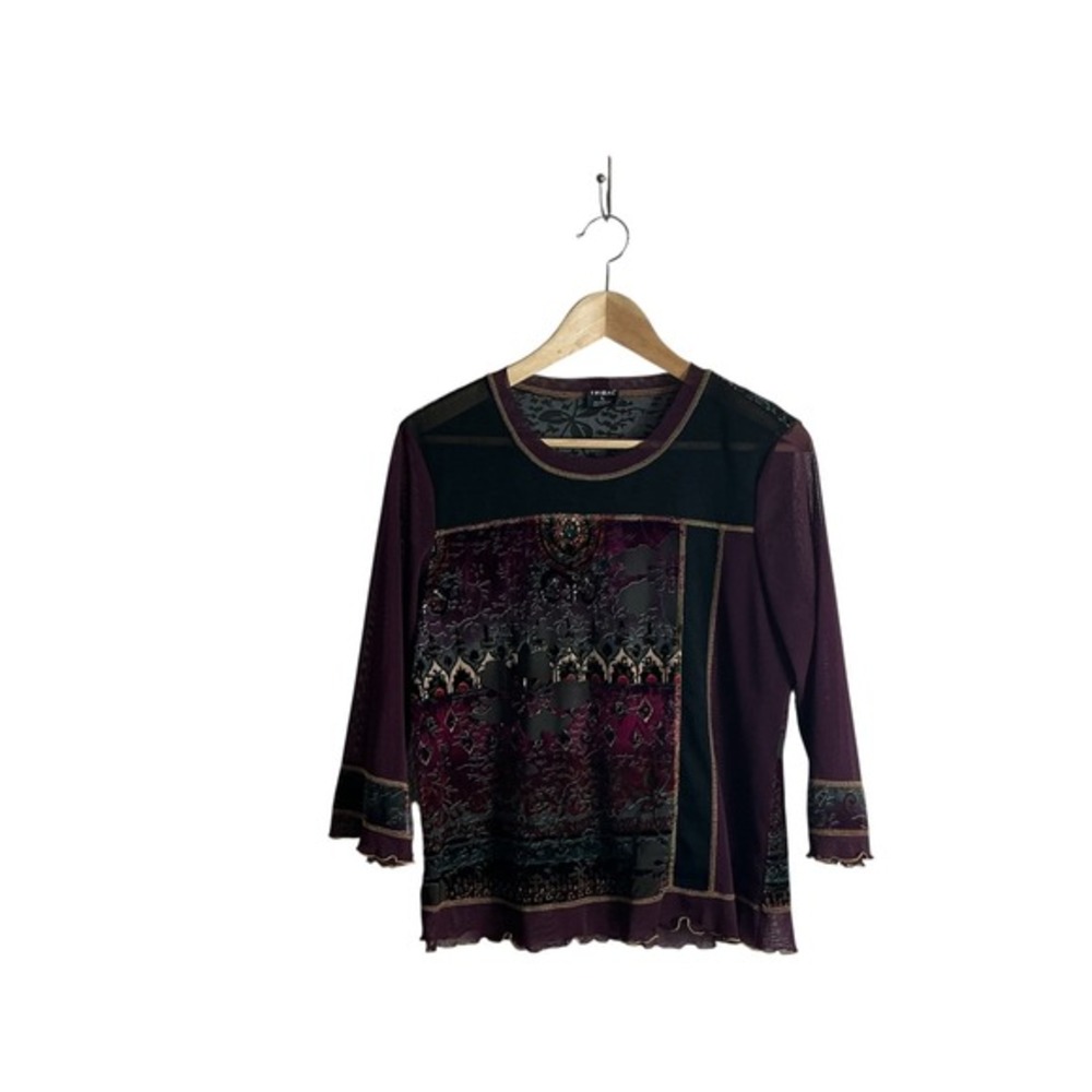 Tribal Large Floral Velvet‎ Burnout Mesh Semi-Sheer Top Boho Artsy Whimsigoth